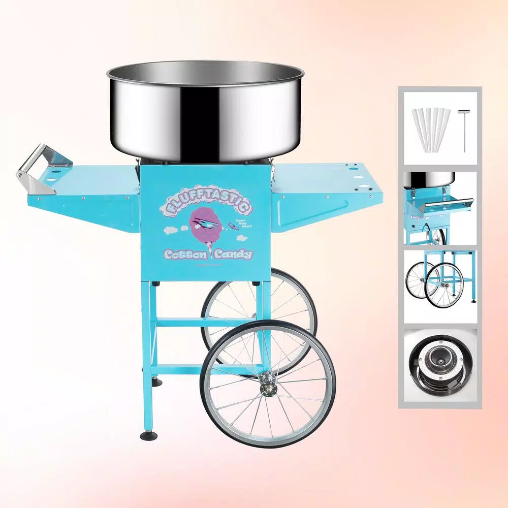 Deals β Great Northern Blue Cotton π¬ Candy Machine And Cart- Flufftastic Floss Maker- Stainless Steel Pan, 2 Side Trays & 13 In. Wheels π₯° - Image 3