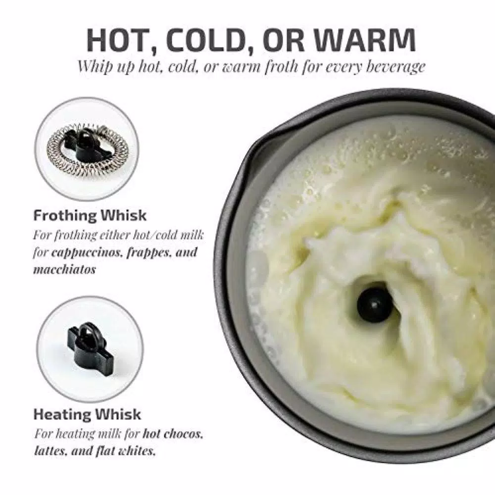 New π Ovente 8.1 Oz. White Stainless Steel Electric Milk Frother 3 In 1-Warming, Heating And Frothing, See-Through Lid Plus Whisks π - Image 2