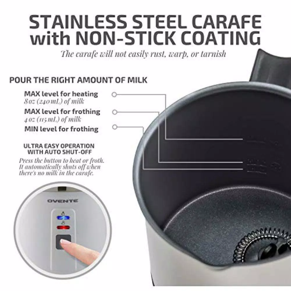 New π Ovente 8.1 Oz. White Stainless Steel Electric Milk Frother 3 In 1-Warming, Heating And Frothing, See-Through Lid Plus Whisks π - Image 3