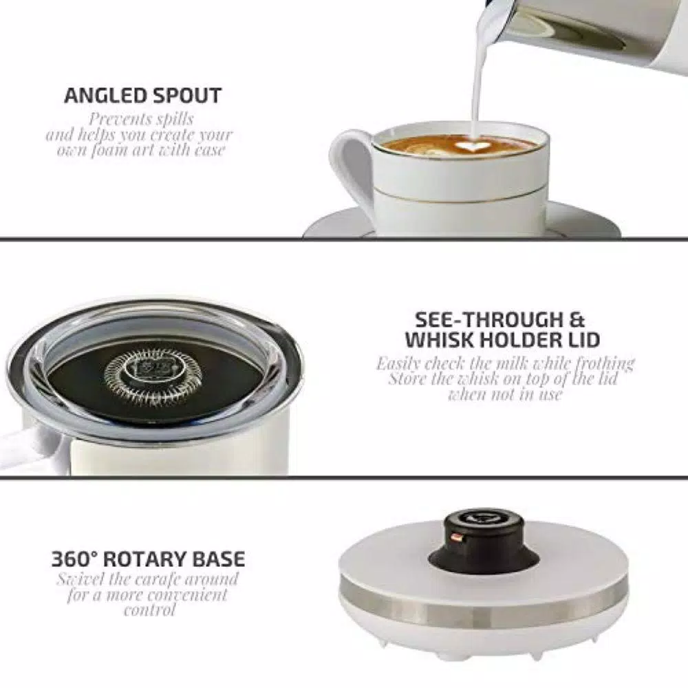 New π Ovente 8.1 Oz. White Stainless Steel Electric Milk Frother 3 In 1-Warming, Heating And Frothing, See-Through Lid Plus Whisks π - Image 4