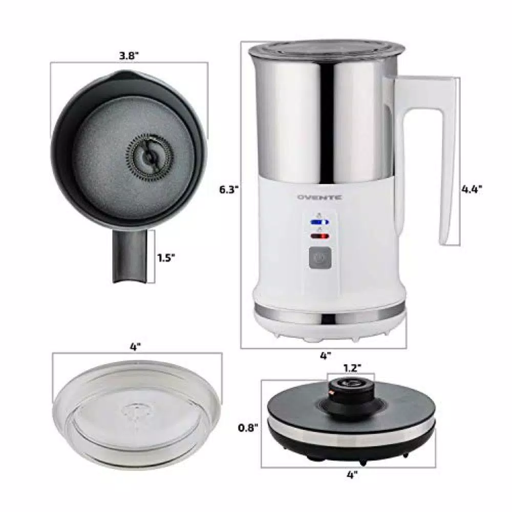 New π Ovente 8.1 Oz. White Stainless Steel Electric Milk Frother 3 In 1-Warming, Heating And Frothing, See-Through Lid Plus Whisks π - Image 5