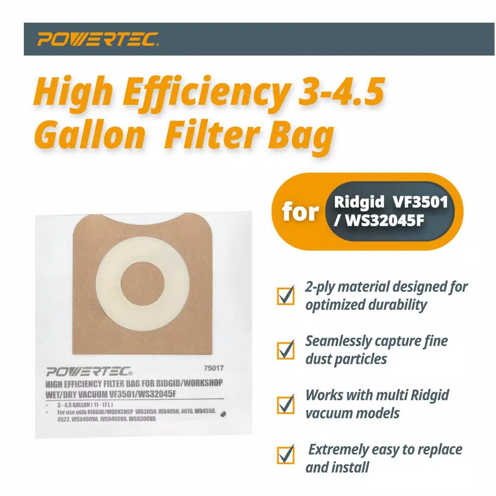 Flash Sale π POWERTEC 3 Gal. To 4.5 Gal. High Efficiency Filter Bags For RIDGID And Workshop Wet/Dry Vacuum VF3501 And WS32045F (5-Pack) β¨ - Image 2