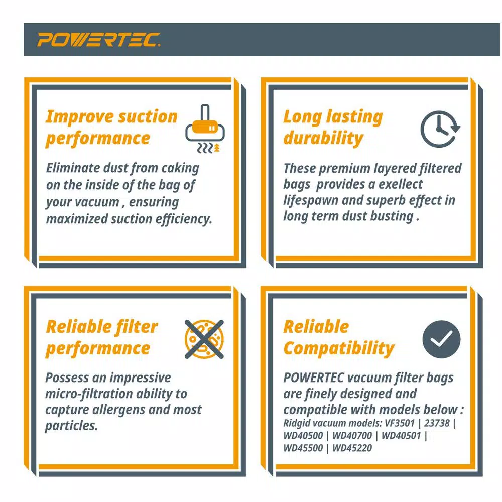 Flash Sale π POWERTEC 3 Gal. To 4.5 Gal. High Efficiency Filter Bags For RIDGID And Workshop Wet/Dry Vacuum VF3501 And WS32045F (5-Pack) β¨ - Image 3