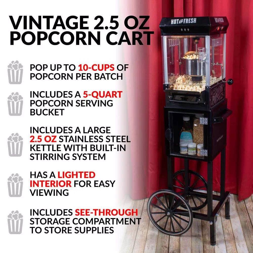 Brand new β Nostalgia 300 W 2.5 Oz. Black Popcorn Cart With 5 Qt. Popcorn Bowl β¨ - Image 2